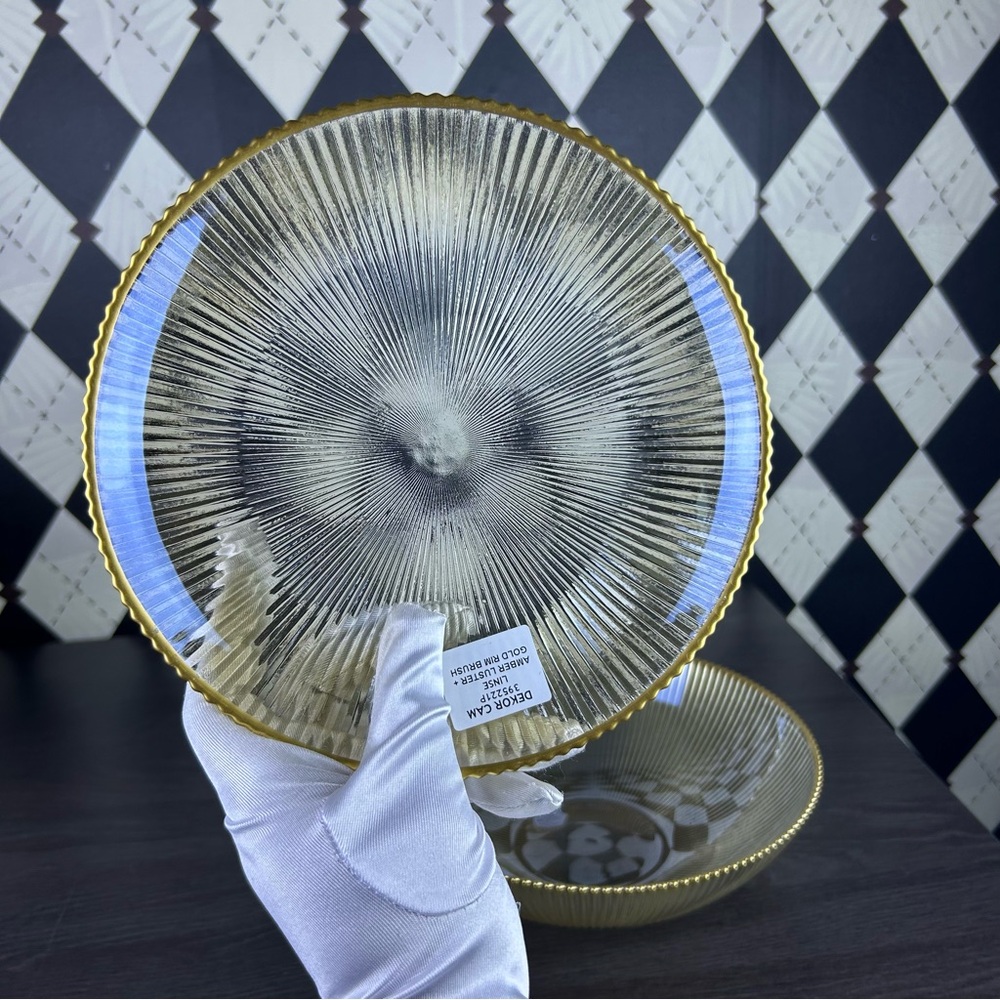 Amber Luster Ribbed Glass Bowl & Plate Set with Gold Rim Contemporary Tablescape - Picture 6 of 13